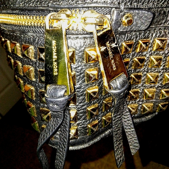 Michael Kors Rhea Medium Black Studded Gold Leather Backpack - Picture 4 of 6